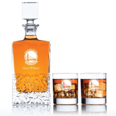 Engraved Golden State Warriors Basketball - Personalized Excalibur Decanter Set with Old Fashioned Whiskey Glasses