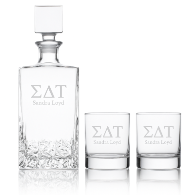 Custom Engraved Sigma Delta Tau - Personalized Excalibur Decanter Set with Whiskey Glasses