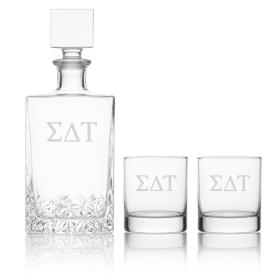 Custom Engraved Sigma Delta Tau - Personalized Excalibur Decanter Set with Whiskey Glasses