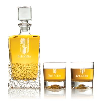 Engraved USA Flag with Dear - Personalized Excalibur Decanter Set with Whiskey Glasses