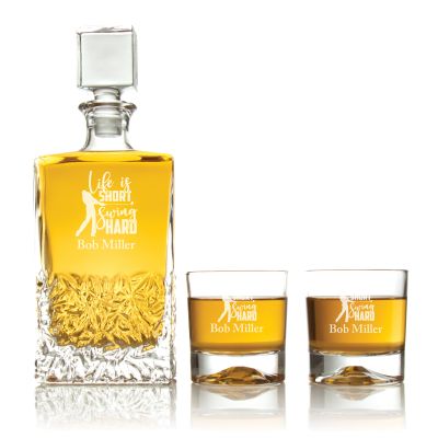 Engraved Life is Short Swing Hard - Personalized Excalibur Decanter Set with Whiskey Glasses