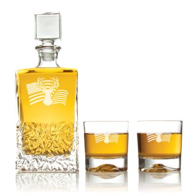 Engraved Deer with USA Flag - Personalized Excalibur Decanter Set with Whiskey Glasses