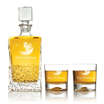 Custom Engraved Golfer Swing - Personalized Excalibur Decanter Set with Whiskey Glasses