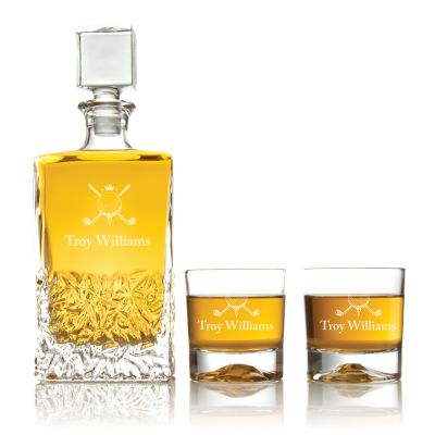 Custom Engraved Golfing Clubs and Ball Forming Cross Bones - Personalized Excalibur Decanter Set with Whiskey Glasses