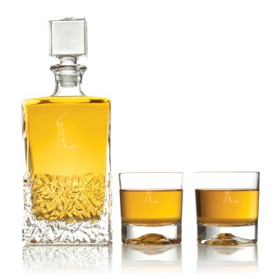 Custom Engraved Golfer Swing Line Drawing - Personalized Excalibur Decanter Set with Whiskey Glasses