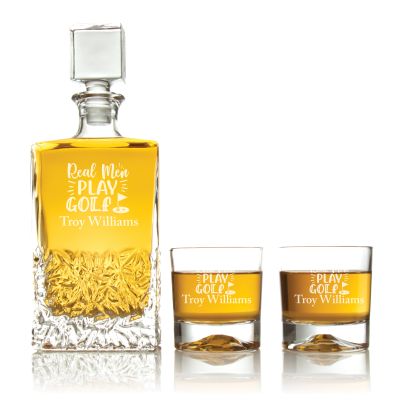 Custom Engraved Real Men Play Golf - Personalized Excalibur Decanter Set with Whiskey Glasses