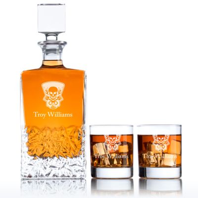 Custom Engraved Skull and Pistons Logo - Personalized Excalibur Decanter Set with Whiskey Glasses