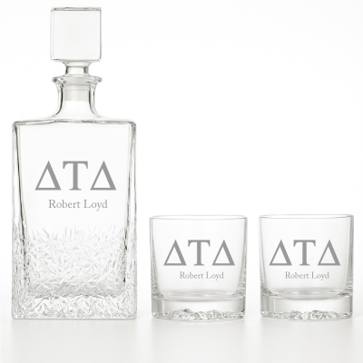 Custom Engraved Delta Tau Delta - Personalized Excalibur Decanter Set with Whiskey Glasses