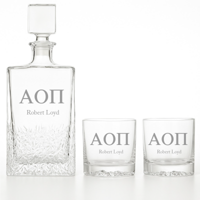 Custom Engraved Alpha Omicron Pi - Personalized Excalibur Decanter Set with Whiskey Glasses