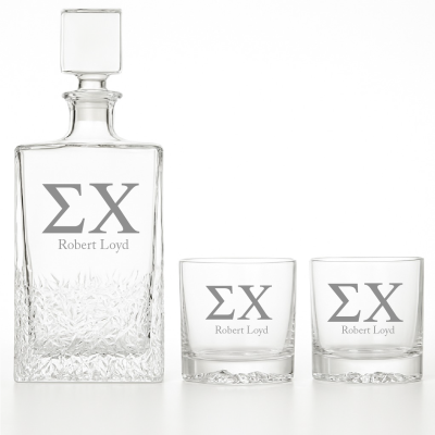 Custom Engraved Sigma Chi - Personalized Excalibur Decanter Set with Whiskey Glasses