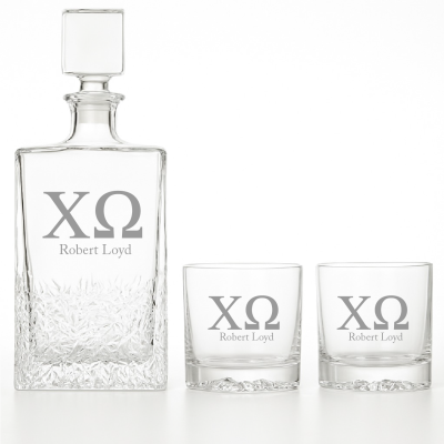 Custom Engraved Chi Omega - Personalized Excalibur Decanter Set with Whiskey Glasses