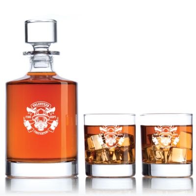 Engraved Volunteer Fire Fighter with Mask - Personalized Bellagio Decanter Set with Old Fashion Whiskey Glasses