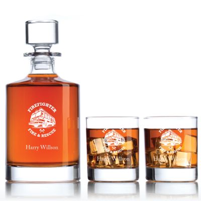 Engraved Fire Fighter - Personalized Bellagio Decanter Set with Old Fashion Whiskey Glasses