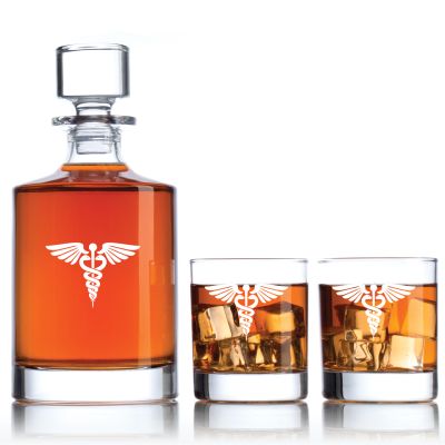 Engraved MD Caduceus - Personalized Bellagio Decanter Set with Old Fashion Whiskey Glasses