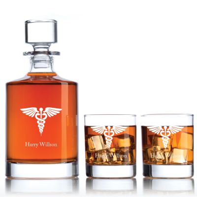 Engraved MD Caduceus - Personalized Bellagio Decanter Set with Old Fashion Whiskey Glasses
