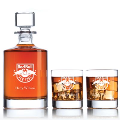 Engraved Red Bull Soccer - Personalized Bellagio Decanter Set with Old Fashion Whiskey Glasses