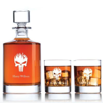 Engraved Punisher with Flames - Personalized Bellagio Decanter Set with Old Fashioned Whiskey Glasses