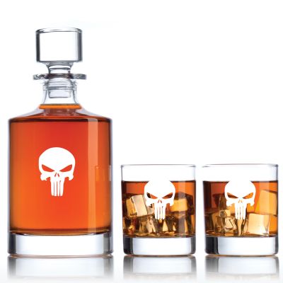 Engraved Punisher Emblem - Personalized Bellagio Decanter Set with Old Fashioned Whiskey Glasses