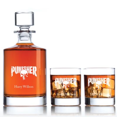 Engraved Punisher - Personalized Bellagio Decanter Set with Old Fashioned Whiskey Glasses