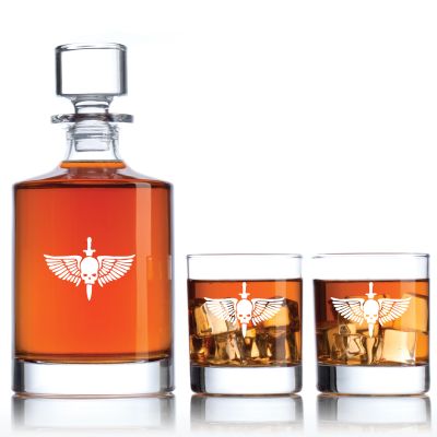 Engraved Wing Skull Dagger - Personalized Bellagio Decanter Set with Old Fashioned Whiskey Glasses