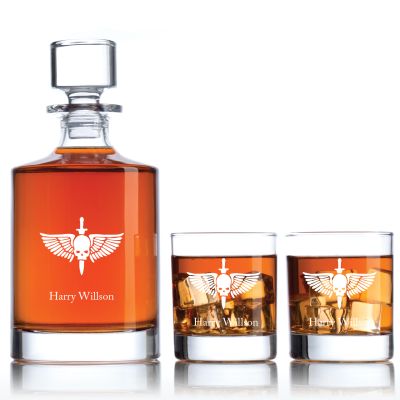 Engraved Wing Skull Dagger - Personalized Bellagio Decanter Set with Old Fashioned Whiskey Glasses