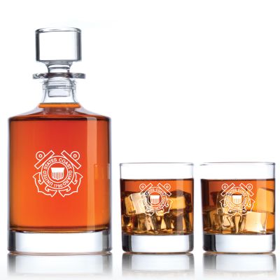 Engraved US Coast Guard - Personalized Bellagio Decanter Set with Old Fashioned Whiskey Glasses