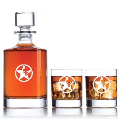 Engraved Punisher Star Badge - Personalized Bellagio Decanter Set with Old Fashioned Whiskey Glasses