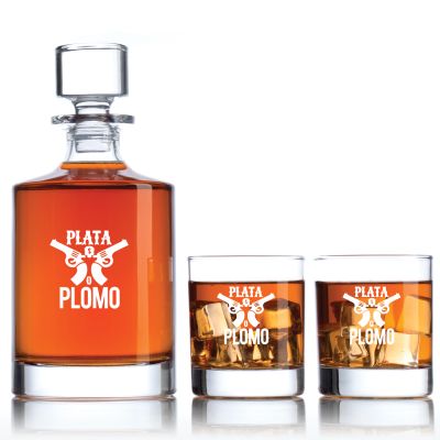 Engraved Plata o Plomo - Personalized Bellagio Decanter Set with Old Fashioned Whiskey Glasses