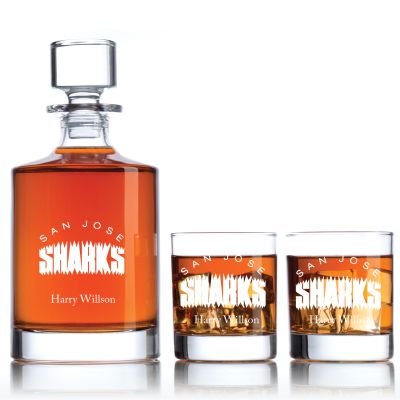 Engraved San Jose Sharks - Personalized Bellagio Decanter Set with Old Fashioned Whiskey Glasses