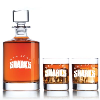 Engraved San Jose Sharks - Personalized Bellagio Decanter Set with Old Fashioned Whiskey Glasses