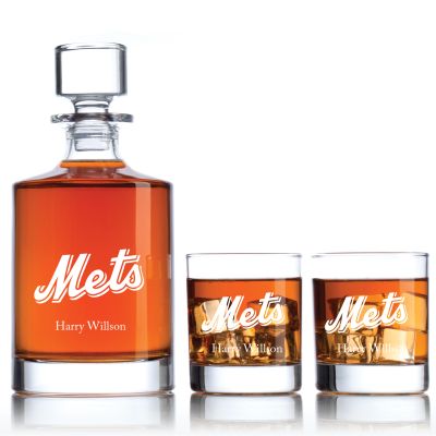 Engraved Mets Logo - Personalized Bellagio Decanter Set with Old Fashioned Whiskey Glasses
