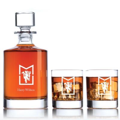 Engraved Manchester United MU Logo - Personalized Bellagio Decanter Set with Old Fashioned Whiskey Glasses