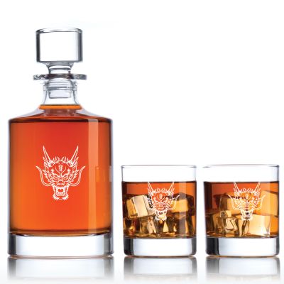 Engraved Dragon Head - Personalized Bellagio Decanter Set with Old Fashioned Whiskey Glasses