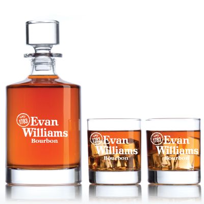 Engraved Evan Williams Bourbon - Personalized Bellagio Decanter Set with Old Fashioned Whiskey Glasses