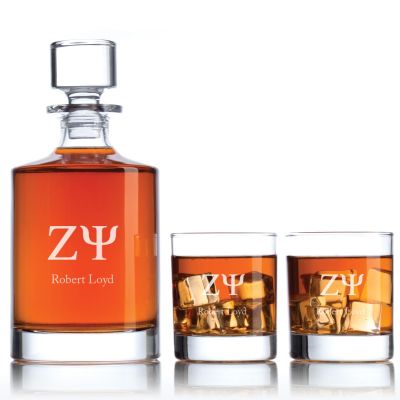 Custom Engraved Zeta Psi - Personalized Bellagio Decanter Set with Whiskey Glasses