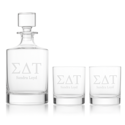Custom Engraved Sigma Delta Tau - Personalized Bellagio Decanter Set with Whiskey Glasses