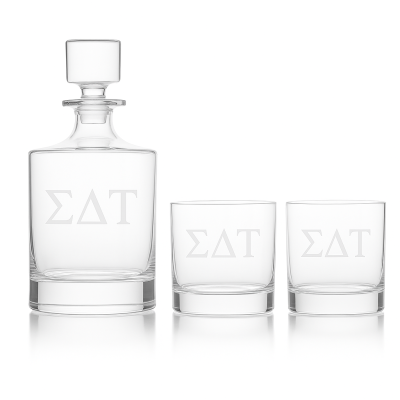 Custom Engraved Sigma Delta Tau - Personalized Bellagio Decanter Set with Whiskey Glasses