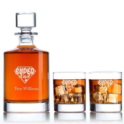 Engraved Super Hero Dad  - Personalized Bellagio Decanter Set with Whiskey Glasses
