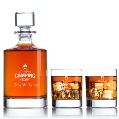 Engraved Outdoor Camping True Party - Personalized Bellagio Decanter Set with Whiskey Glasses