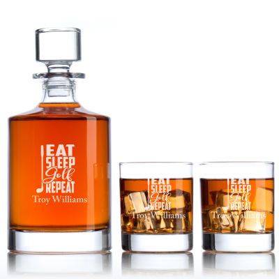 Custom Engraved Golf Eat Sleep Golf Repeat - Personalized Bellagio Decanter Set with Whiskey Glasses