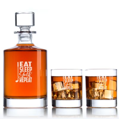 Custom Engraved Golf Eat Sleep Golf Repeat - Personalized Bellagio Decanter Set with Whiskey Glasses