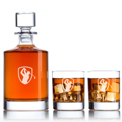 Custom Engraved Golfer Emblem - Personalized Bellagio Decanter Set with Whiskey Glasses