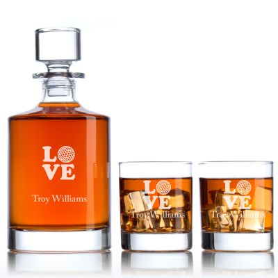 Custom Engraved Golf LOVE Design - Personalized Bellagio Decanter Set with Whiskey Glasses