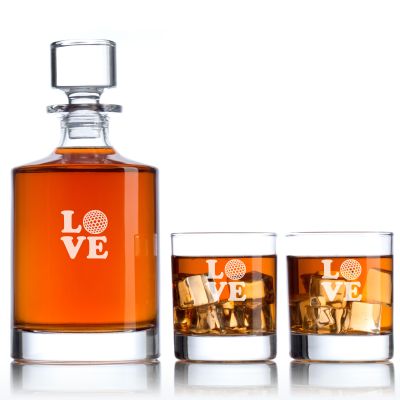 Custom Engraved Golf LOVE Design - Personalized Bellagio Decanter Set with Whiskey Glasses
