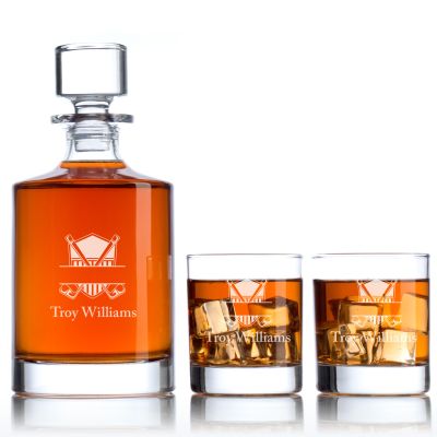 Custom Engraved Golfing Flag Emblem - Personalized Bellagio Decanter Set with Whiskey Glasses
