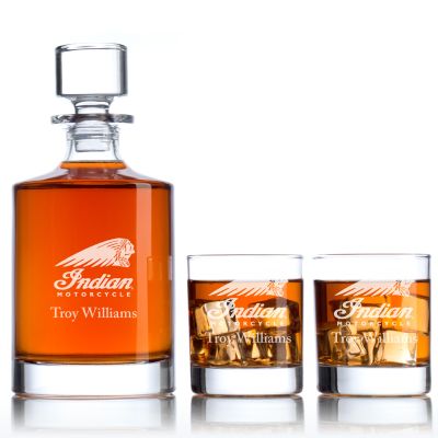 Custom Engraved Indian Motorcycle Logo - Personalized Bellagio Decanter Set with Whiskey Glasses