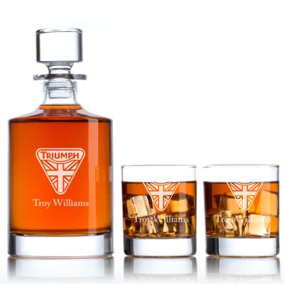 Custom Engraved Triumph Flag Logo - Personalized Bellagio Decanter Set with Whiskey Glasses