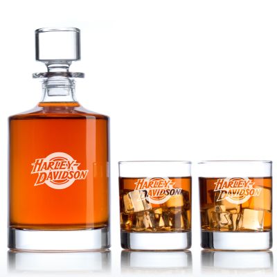 Custom Engraved Harley Davidson Tire Logo - Personalized Bellagio Decanter Set with Whiskey Glasses