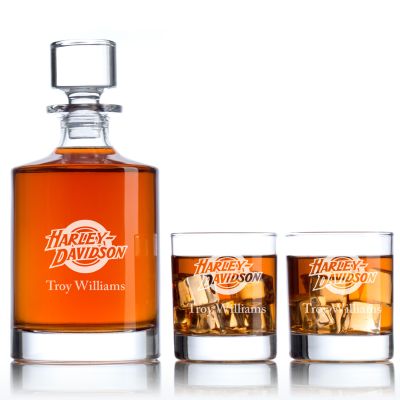 Custom Engraved Harley Davidson Tire Logo - Personalized Bellagio Decanter Set with Whiskey Glasses