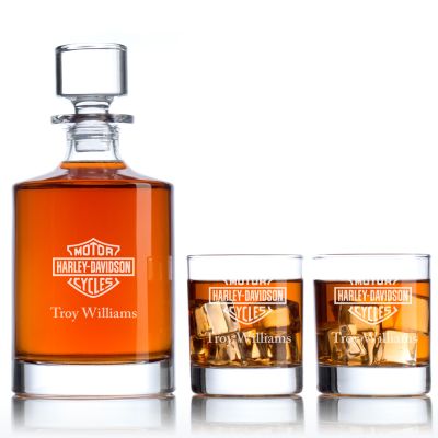 Custom Engraved Motor Harley Davidson Cycles Logo- Personalized Bellagio Decanter Set with Whiskey Glasses